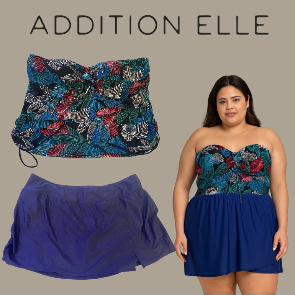 Addition Elle Tropical Print Strapless Tankini Top + Krista Navy Swim Skirt